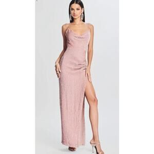 NEW Retrofete Katya Sequin Maxi Dress Size L Dusty Peach Pink Cowl Neck Slit